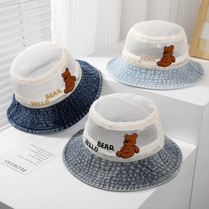 Kids Bucket Hat Denim Mesh Breathable Sun Protection Summer Cartoon Bear Embroidery Outdoor For Boys Girls