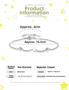Detail of star charm bracelet with dimensions 16.5cm plus 4cm extension and weight 1.6g