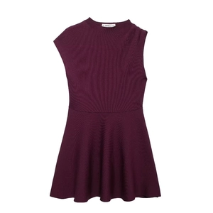 Elegant sleeveless dark purple knit dress with high neck and ribbed texture