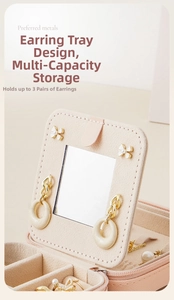 Detail of travel jewelry box showing the earring panel and built-in vanity mirror
