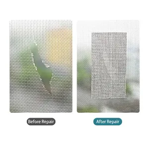 Self-adhesive screen repair tape with grey mesh before and after fix comparison