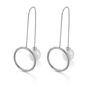Elegant long silver drop earrings with minimalist circular hoops and white pearls