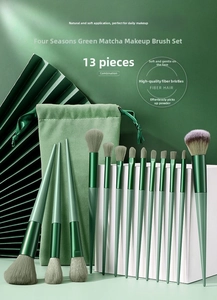 Close-up of 13 matcha green makeup brushes with high-quality fiber bristles and pouch