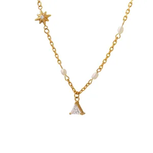 Korean Trend Titanium Steel Gold Necklace With Freshwater Pearl Zircon Star Triangle Pendant Elegant Jewelry For Women