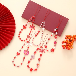 Beaded Phone Charm Lanyard Red Heart Bow Bear Chinese Style Handmade Hanging Ornament For Women Girls