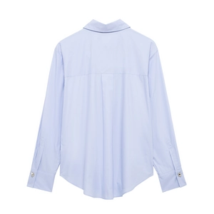Back view of light blue striped long sleeve casual shirt with yoke and pleated details