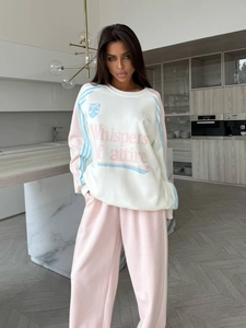 Women's vintage color-block sweatshirt and light pink wide-leg pants athletic set