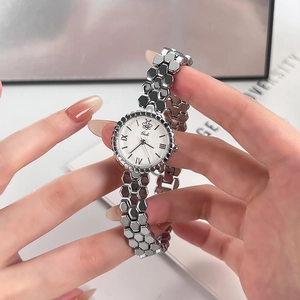 Gedi silver honeycomb strap quartz watch with white dial and roman numerals for women