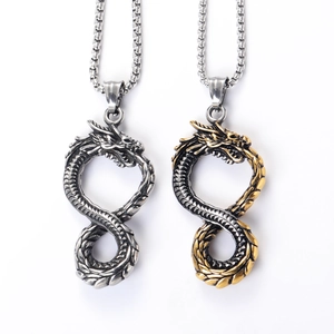 Punk viking dragon infinity pendant necklace in silver and gold-tone stainless steel