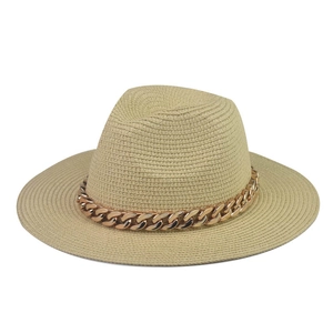 Classic beige straw fedora hat featuring a stylish rose gold metal Cuban chain band