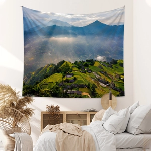 Bohemian wall tapestry with scenic terrace landscape for bedroom home decor