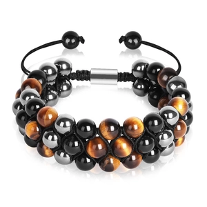 Bracelet ajustable double couche en œil de tigre bleu 8mm et hématite pour hommes