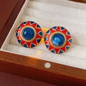 Vintage Round Enamel Stud Earrings Alloy Resin Jewelry With Silver Earring Post Retro Ethnic Style For Women