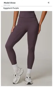 Detail of high waist eggplant purple yoga pants featuring tummy control and slimming fit