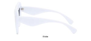 Side view of white heart-shaped sunglasses with dark grey lenses and wide temples