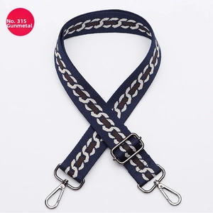 Adjustable dark blue canvas shoulder strap with geometric patterns and gunmetal clips