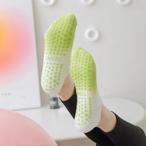 Gradient green yoga socks with anti-slip silicone dots and Angel text embroidery