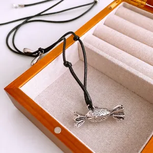 Vintage Alloy Candy Pendant Necklace Adjustable Black Wax Cord French Retro Carved Sweater Chain For Women