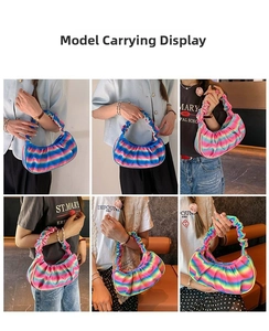 Rainbow striped pleated hobo bag shown in multiple lifestyle and modeling scenes