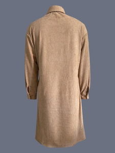 Back view of long sleeve corduroy shirt dress in beige with fine vertical texture