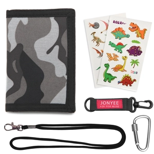 Camo folding wallet set featuring black nylon lanyard, metal carabiner and dinosaur stickers