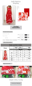 Detailed size chart for floral wave strap A-line dress with measurements and material info