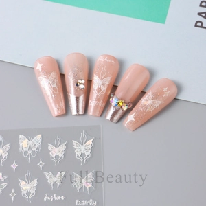 Detail of 3D laser silver butterfly nail stickers with rhinestones on nude pink fake nails