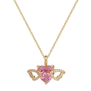 Golden heart necklace with pink stone and sparkling wings on a clean white background