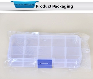 Detailed view of the 10-grid transparent jewelry storage box in its product packaging