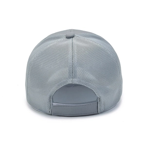 Grey mesh baseball cap back view with breathable net fabric and adjustable velcro strap