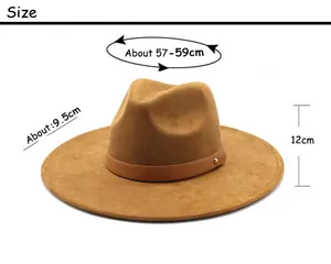 Size chart for brown suede fedora showing 57-59cm circumference and 9.5cm brim width