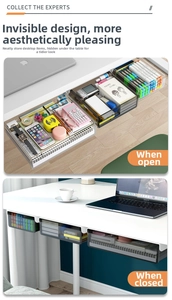 Detail of hidden under-desk drawer organizers showing open and closed storage states