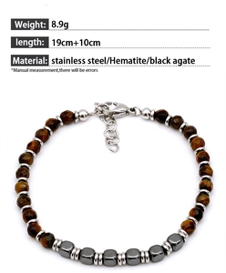Detailed close-up of tiger eye and onyx beads with stainless steel clasp on white background