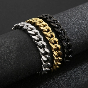 Polished stainless steel Cuban link bracelet set in silver, gold, and black finishes