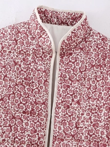 Close-up of floral quilted jacket collar and burgundy printed pattern detail