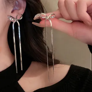 Elegant Silver Color Bow Long Chain Tassel Drop Earrings With Silver Earring Post Minimalist Fashion Jewelry For Women