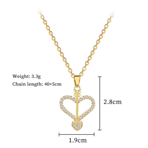 Detail showing Cupid arrow heart pendant with crystal inlay and technical dimensions