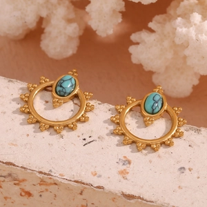 Detailed macro view of vintage turquoise stud earrings with 18K gold plated flower borders