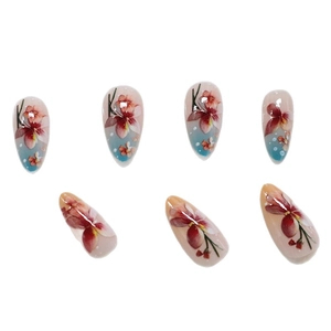 Faux ongles amande à motif floral rose rouge avec dégradé bleu-vert artistique