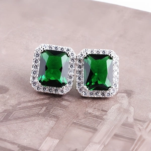 Luxury Emerald Cut Zirconia Stud Earrings With 925 Sterling Silver Post Rectangular Inlaid Copper Jewelry For Women