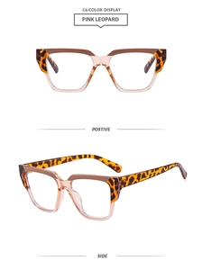Close-up of TR90 pink leopard print square glasses frames showing front and side views
