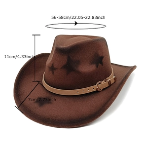 Brown western cowboy hat with star prints and adjustable buckle belt on white background