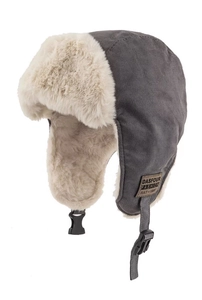 Detail of grey winter trapper hat showing soft white plush lining and side logo patch