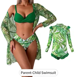 Family Matching Swimwear Tropical Print Bikini And Long Sleeve Cover Up Mother Daughter Swimsuit Beachwear