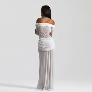 Detailed back view of a white off-shoulder ruched maxi dress with lightweight fabric drape