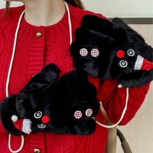 Plush black snowman gloves with red hat and neck strap for winter outdoor warmth