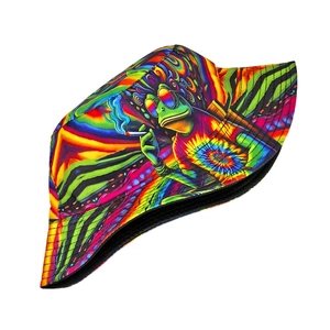 Detailed view of colorful tie-dye bucket hat featuring a psychedelic smoking frog print