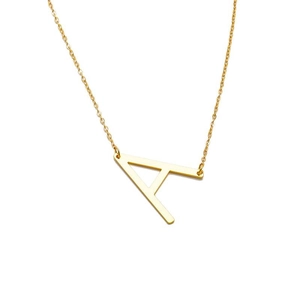 Minimalist gold stainless steel necklace with uppercase letter A pendant on white background
