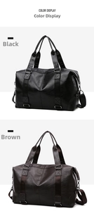 Vertical view of black and brown large PU leather duffel bags with wide shoulder straps