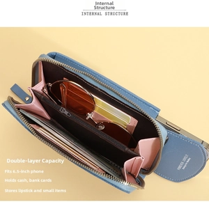 Macro view of double layer large capacity purse holding phone cards and lipstick